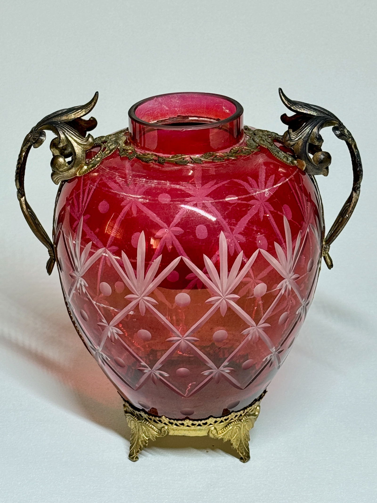 Cranberry Ruby Glass Cut to Clear Bohemian Vase gilt ormolu mounting with brass feet and handles (1 of 7)