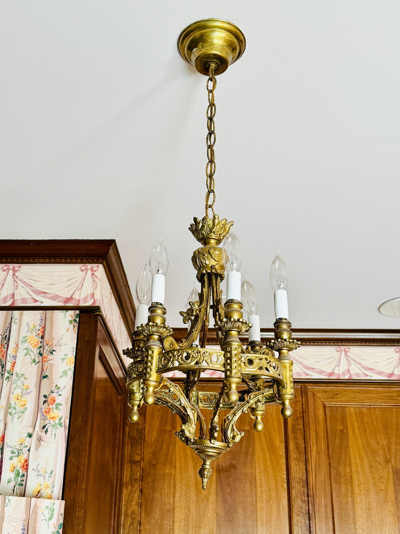 Classic early 20th C Petite Electrified Cast Brass Chandelier (1 of 7)