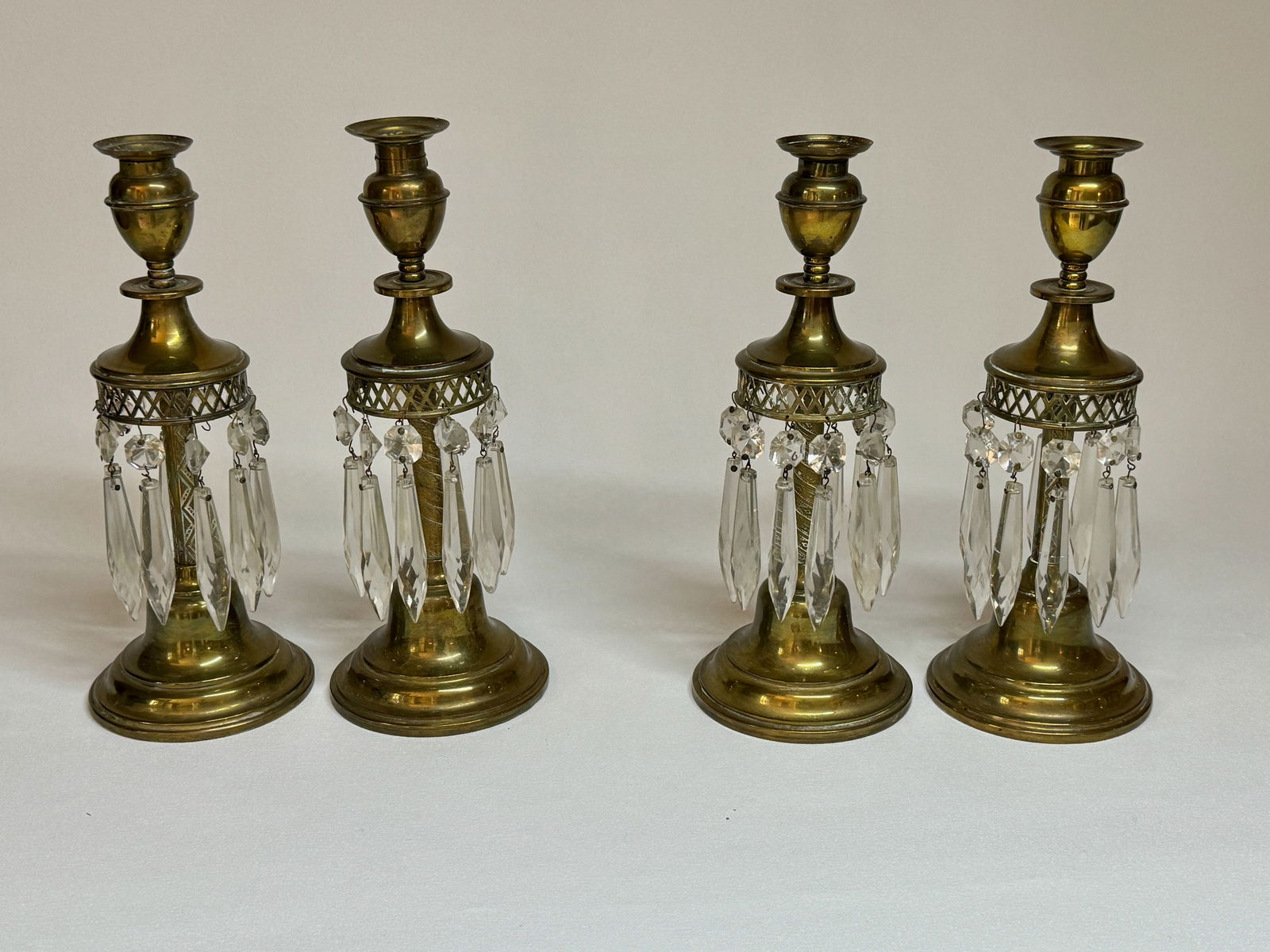 2 Pairs of Antique Brass Candlesticks with Cut Glass Crystals (1 of 5)