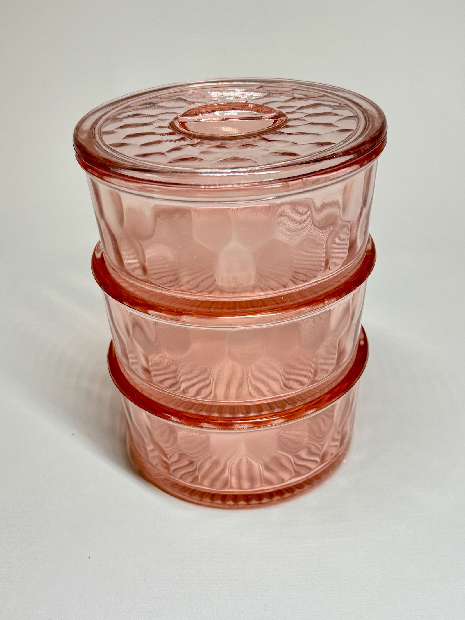 Rare set of 3 Pink Depression Glass Hex Optic Refrigerator Stacking Jars with Lid! (1 of 6)