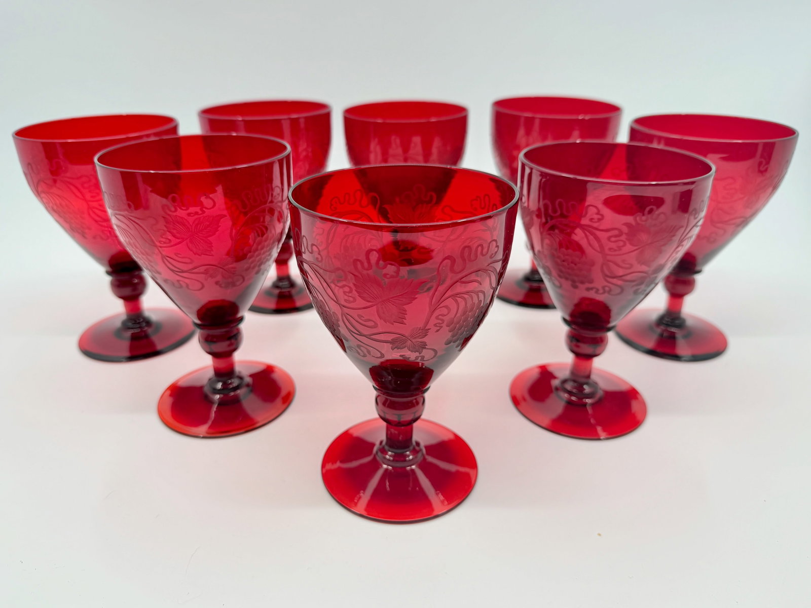 Eight Steuben Selenium Red Vintage Engraved Water Goblets - Grapes. (1 of 4)
