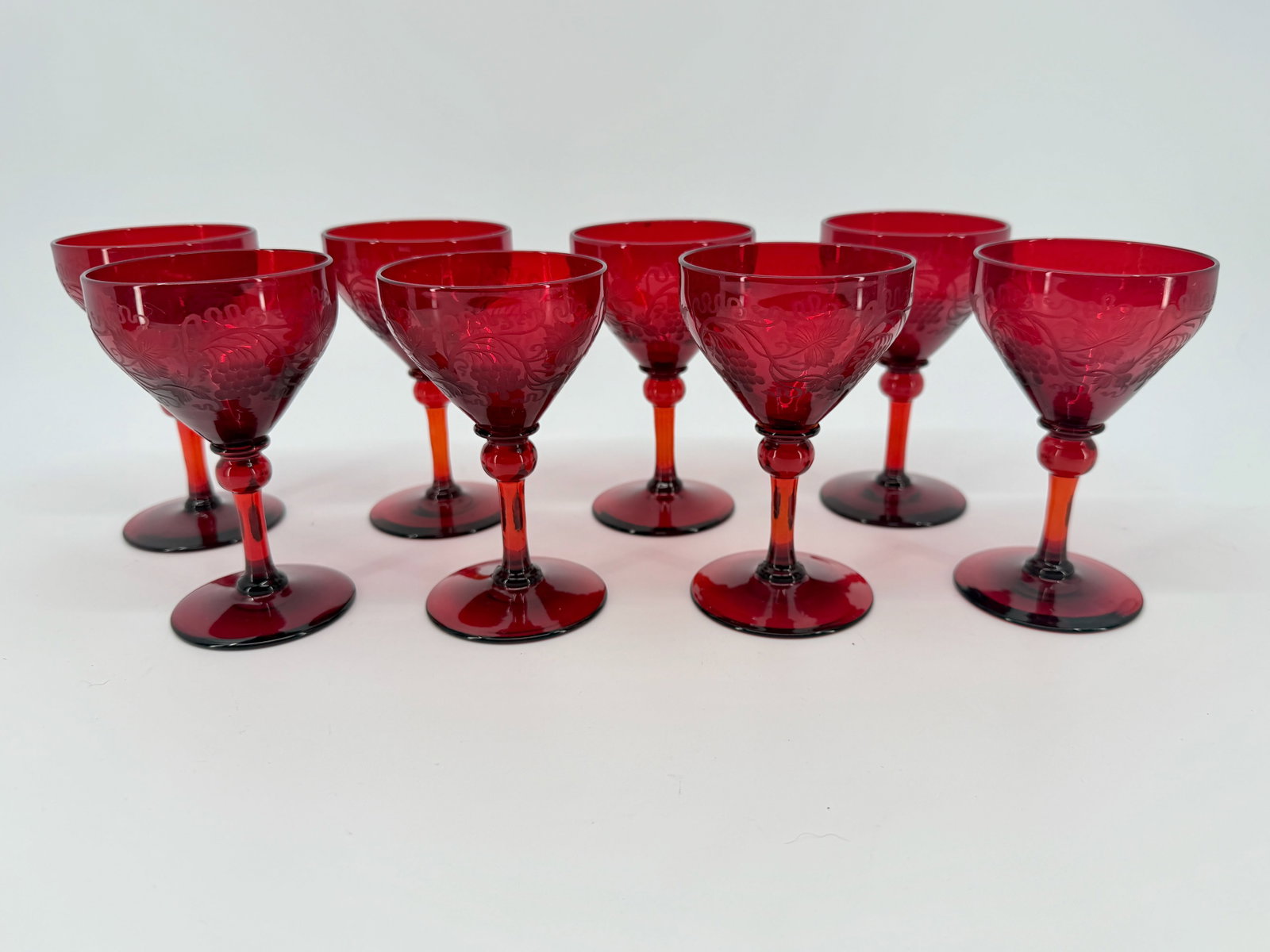 Eight Steuben Selenium Red Vintage Engraved Wine Goblets - Grapes. (1 of 3)