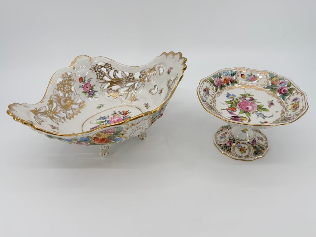 Dresden Footed Bowl and pedestal bowl with SP Dresden mark, pierced sides (1 of 11)