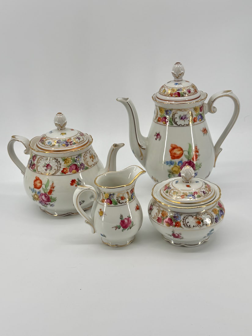 Empress Porcelain Teapot Coffee and Creamer and Sugar Crown Hand painted gilt Schumann Bavaria (1 of 10)