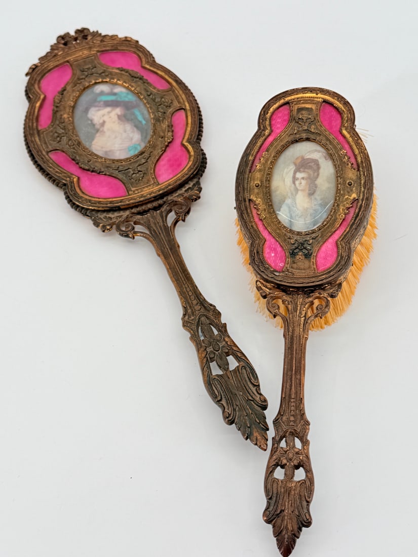 Vintage French Guilloche Enameled and Painted Hand Mirror and Matching Brush in pink! (1 of 9)