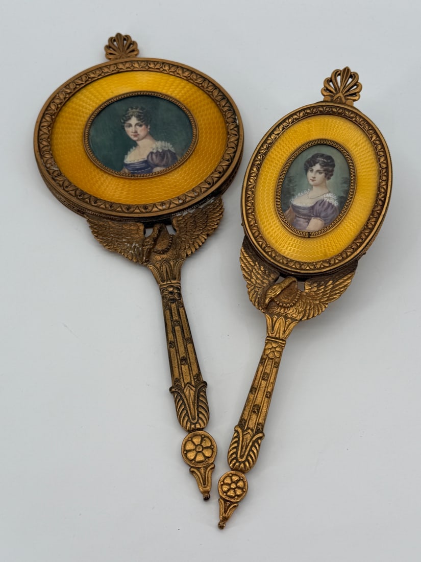 Vintage French Guilloche Enameled and Painted Hand Mirror and Matching Brush in yellow (1 of 10)