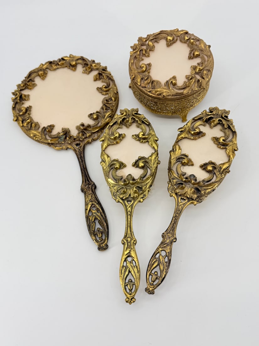 Vintage Hollywood Regency Hand Mirror, Powder Box and Matching Brushes (1 of 7)