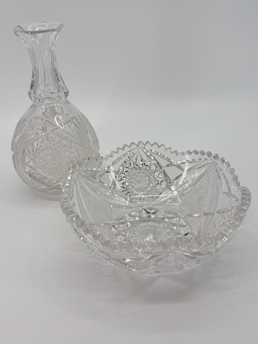 American Brilliant Cut Glass Water Carafe Decanter and Bowl (1 of 10)