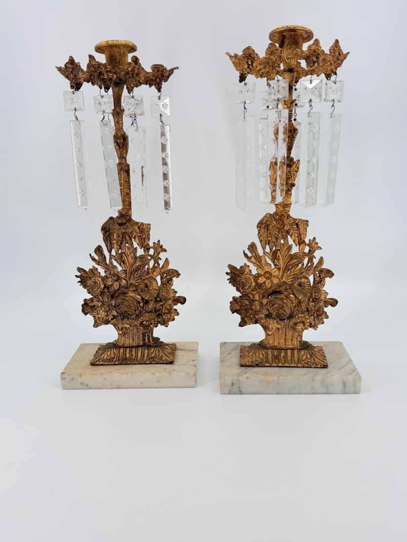 Pair of Antique Girandole Candlesticks Marble Base Brass Basket Flowers (1 of 5)