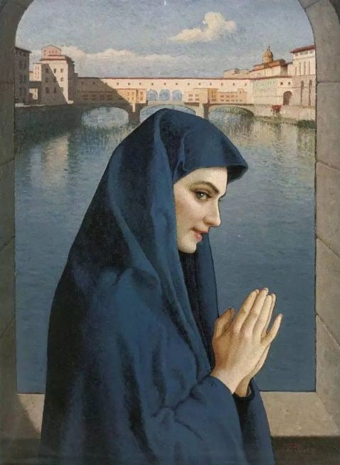 Looking east from the old bridge: Oil on canvas painting:74 x 54cm .Provenance??Private collection from a professor in University of Cambridge.Painted by Jin Shangyi.