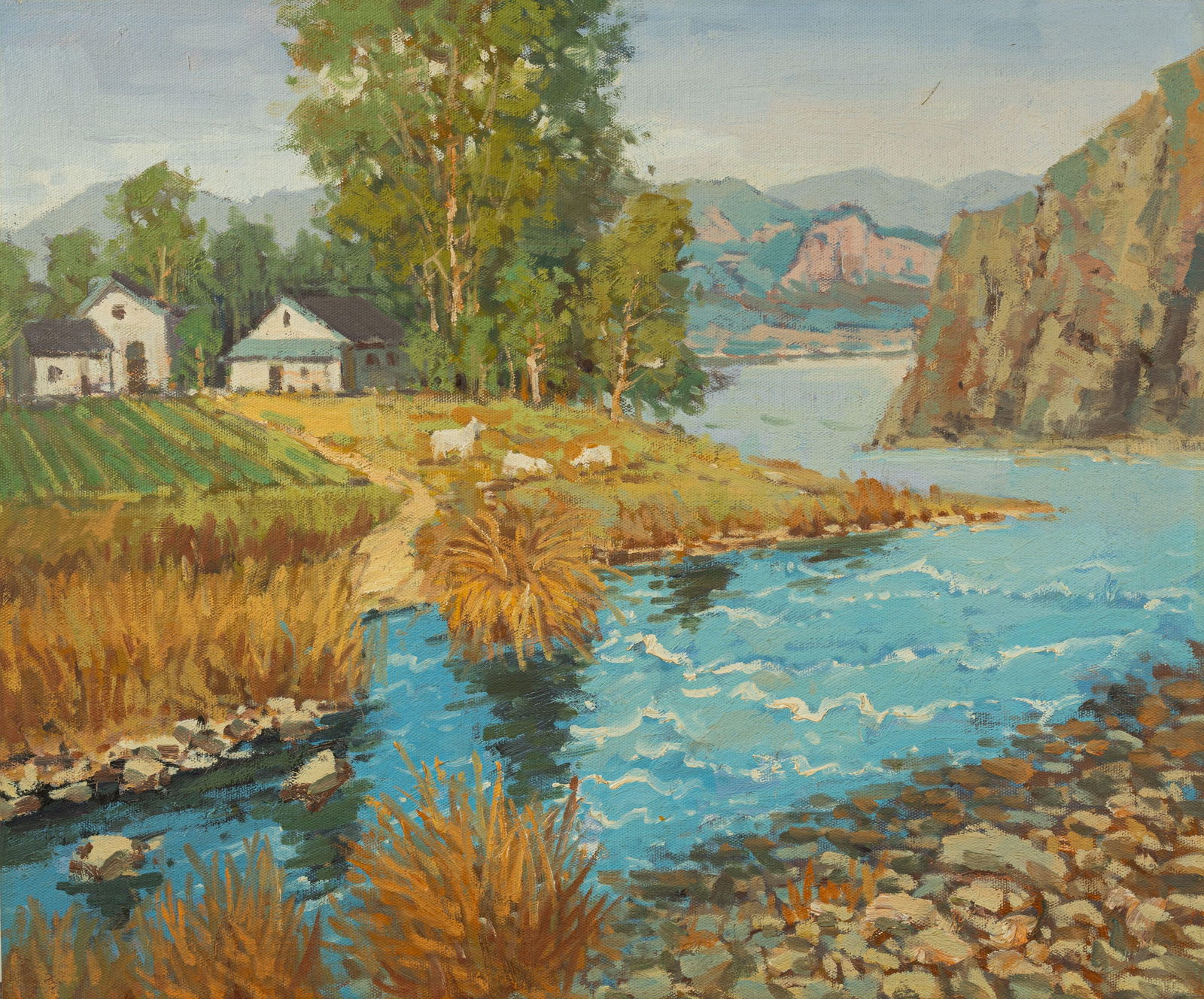 A small river: Oil on canvas:50 x 60 cm. Provenance??Private collection of a retired doctor, Sydney, Australia.Painted by Wang Wei.