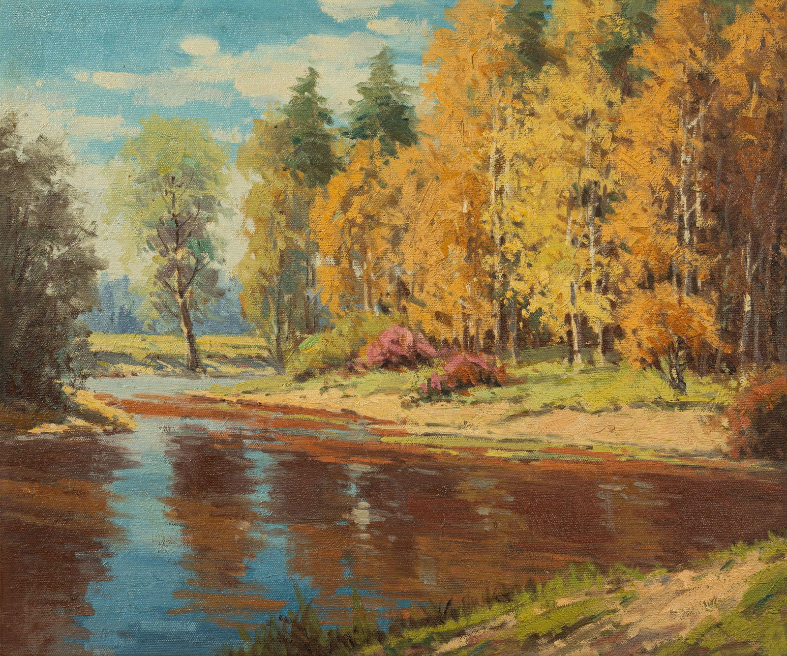 Flowing gold: Oil on canvas:50 x 60 cm. Provenance??Private collection of a retired doctor, Sydney, Australia.Painted by Wang Wei.