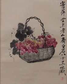 Qi Baishi's traditional Chinese painting GRAPES: Qi Baishi's traditional Chinese painting GRAPES.Provenance Mrs. Amily, Washington, DC.Condition Good condition with some wear, minor signs of weathering and erosion.Length:100cm Width:62cm