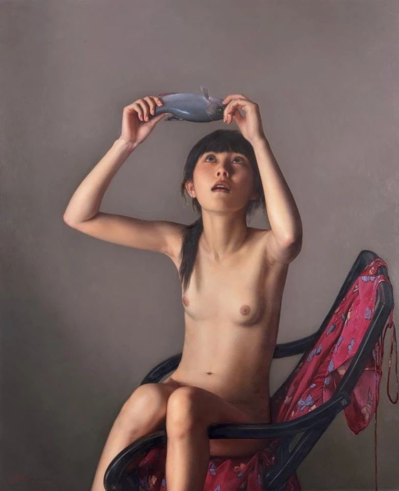 MY LITTLE FISH: Li Guijun. Oil on canvas. 110 x 90cm. Condition:Good condition with some wear,minor signs of weathering and erosion. Provenance : Private collection from a professor in University of Cambridge.