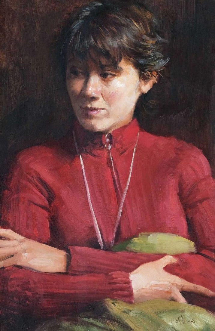 LADY IN RED 2004: Leng Jun. Oil on canvas. 57 x 37cm. Condition:Minor old wear and weathering. Provenance : Mrs. Blair, Newport Beach, California. Collected by her late husband.