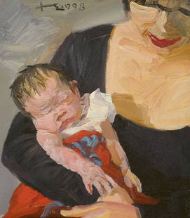 SLEEP AND INSOMNIA SERIES: MOTHER AND BAX 1998: Liu Xiaodong. Oil on canvas. 38 x 33cm. Condition:Good condition, commensurate with age. Provenance : from the collection of George Stopher, Kent, purchased from P&M Waldo Antiques, London.