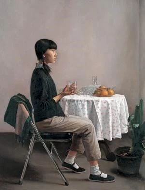 Transparent Glasses: Li Guijun. Oil on canvas. 145.5 x 112 cm. Condition:Very good condition with only minor old wear, expected natural imperfections including age wrinkles. Provenance : Private collection from a professo