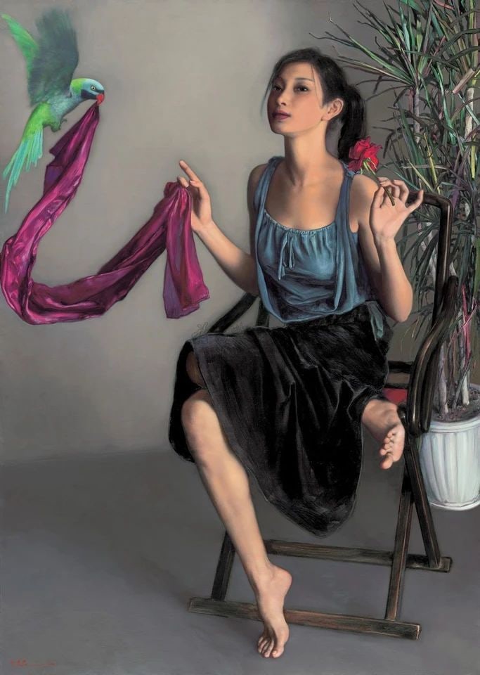 Warmth 2006: Li Guijun. Oil on canvas. 140 x 100cm. Condition:Minor old wear and weathering. Provenance : Private collection from a professor in Harvard University.