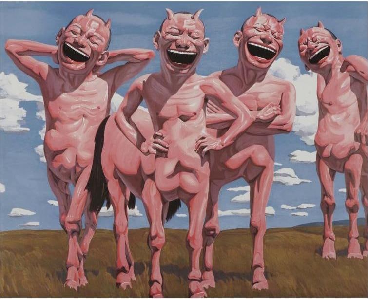 PAEAN ON GRASSLAND, FROM THE "SNATCHED ECSTASY" 2009: Yue Minjun. Oil on canvas: 80 x 120 cm. Condition: Superb condition with only minor old wear. Provenance : From an old private collection in Cotswold, United Kingdom.
