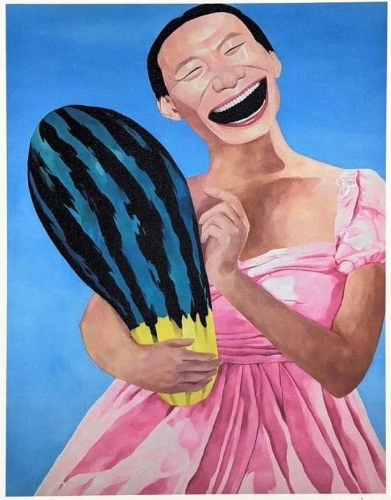 Untitled Painting: Yue Minjun. Oil on canvas: 28 x 38 cm. Condition:Very good condition with only minor old wear. Provenance : From an old private collection in Cotswold, United Kingdom.