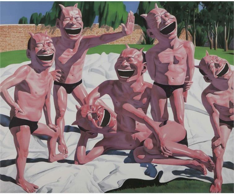 BACKYARD GARDEN, FROM THE "SNATCHED ECSTASY" 2009: Yue Minjun. Oil on canvas: 80 x 120 cm. Condition:Minor old wear and weathering. Provenance : From an old private collection in Cotswold, United Kingdom.