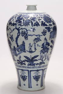 Yuan Dynasty blue and white plum vase with a Hundred Flowers Pavilion pattern: Yuan Dynasty Blue and white plum vase with a Hundred Flowers Pavilion pattern, 42.5 cm high, exquisitely painted, beautiful color, aged base, perfect condition.Provenance:From an old Norwegian private