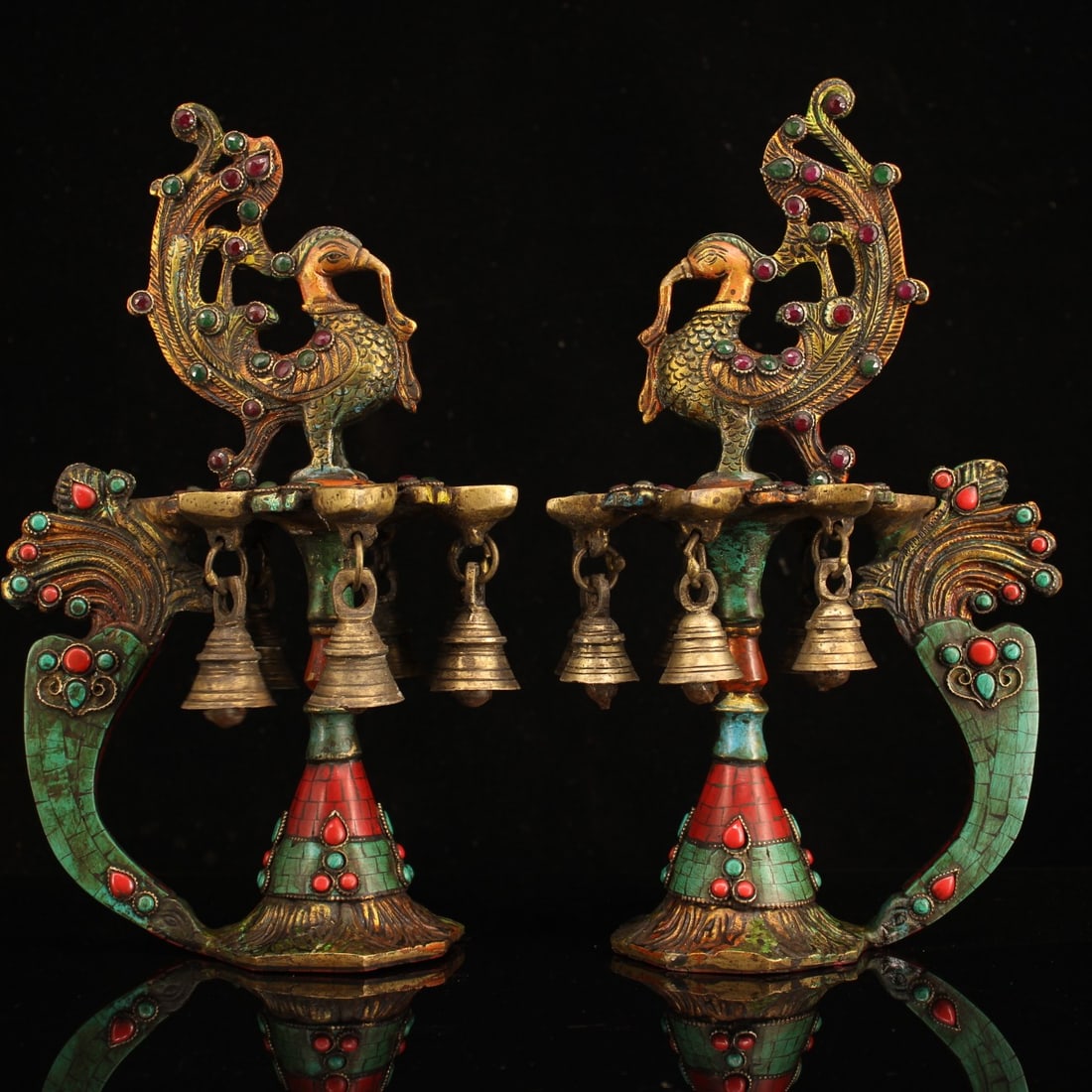 Nepalese temple old pure copper pure hand-made inlaid gemstone painted gold Phoenix oil lamp (1 of 9)