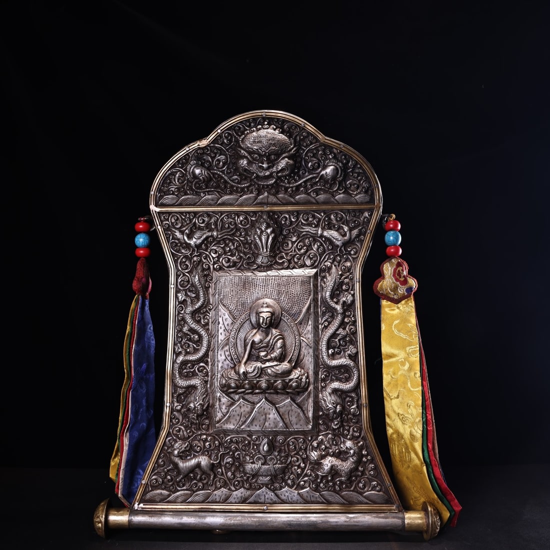 Tibetan Antique Art: Tibetan high relief carved cold iron Tibetan Buddha Shakyamuni thangka mandala exquisite craftsmanship and beautiful shape weighing 2300 grams height 50 cm width 39 cm Provenance : Private collection