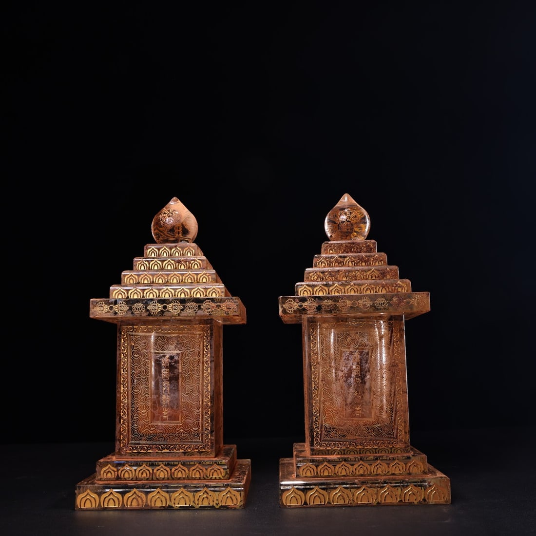 A pair of crystal-carved, inscribed, and gilded relic pagodas unearthed from the underground palace (1 of 9)