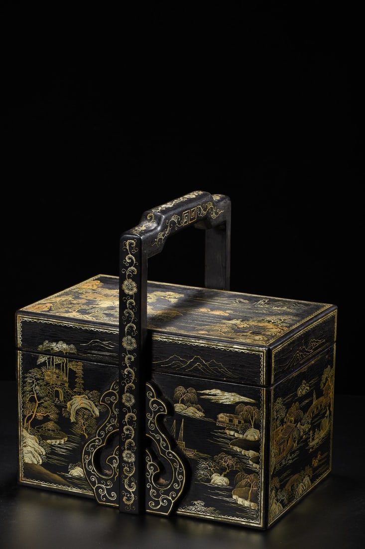 Old wood base, lacquer, real gold landscape and pavilion food box with handle: Old wood base lacquer painting real gold landscape pavilion food box with handle 32cm long 24cm wide 35cm high Provenance:Private collection, Lisbon, Portugal. Our cooperative logistics services provi