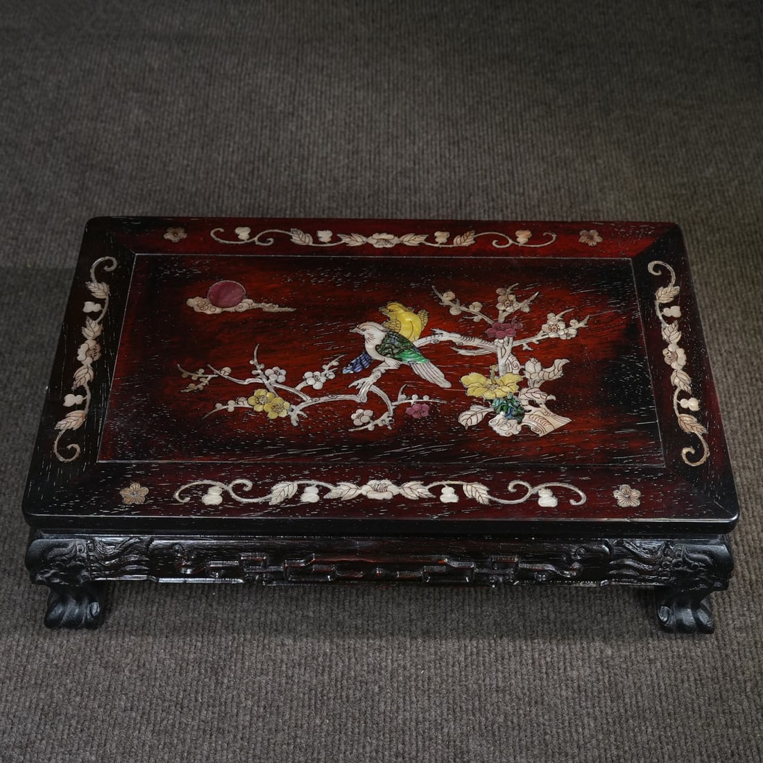 Rosewood rectangular tea table with shell carvings: Rosewood tea table with shell carvings, 40cm long, 25cm wide, 12cm high Provenance:From an old private collection in Hessen, Germany. An Austrian collector, acquired from the above. Our cooperative lo