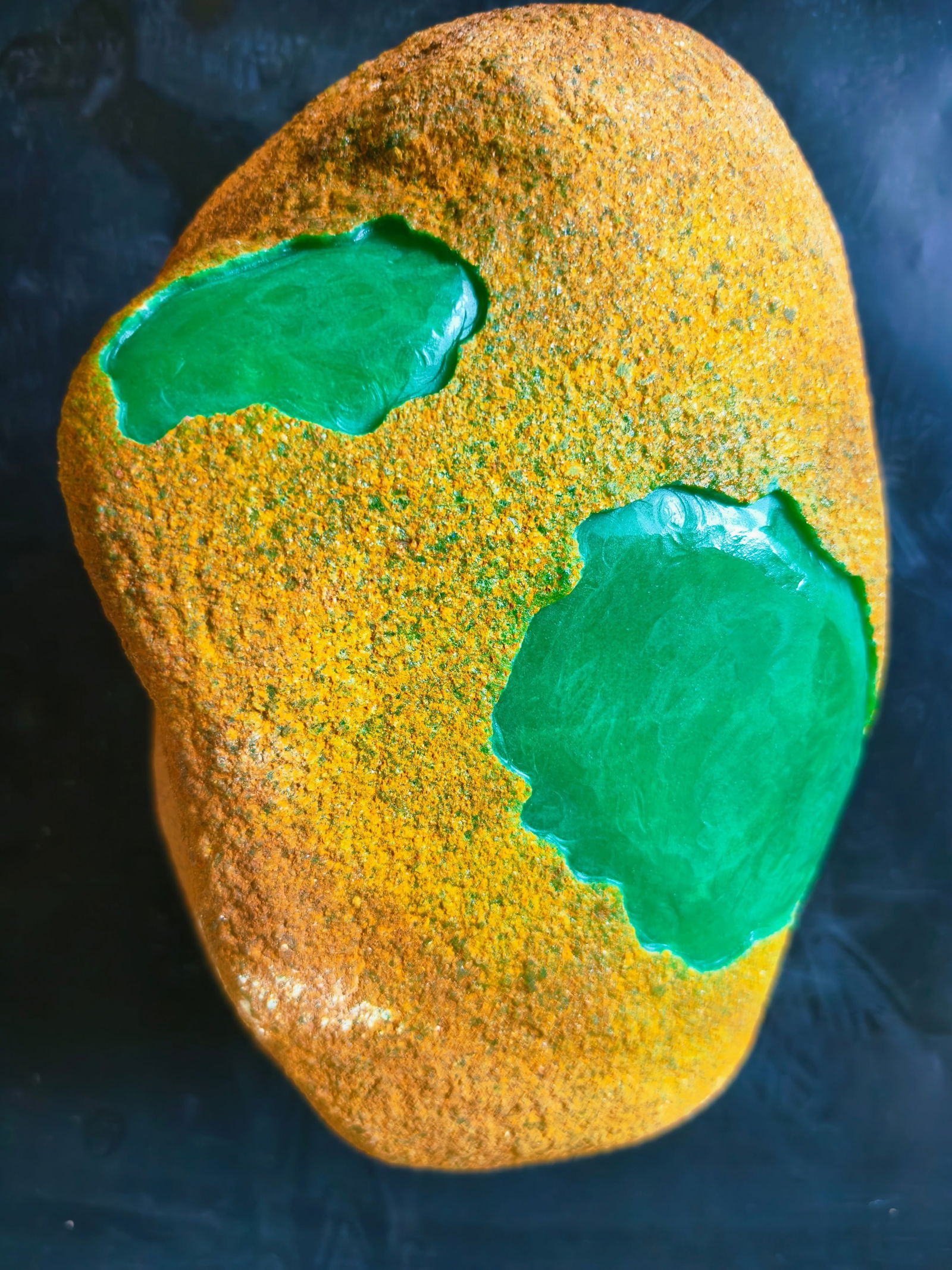 Premium Yellow Sand Skin Imperial Green Jadeite Rough Stone: High-quality yellow-sand-skinned imperial green jadeite rough, stocked for many years, with large windows cut open, showing excellent light penetration. Provenance:Private collection from a professor