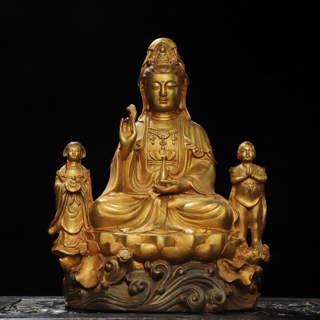 Gilt Bronze Guanyin Statue with Golden Boy and Jade Girl: Gilded bronze Buddhist statue of Guanyin with boy and girl, suitable for home worship. Dimensions: 29 cm high, 19 cm wide, 16 cm thick. Provenance:Private collection from a professor in University Col