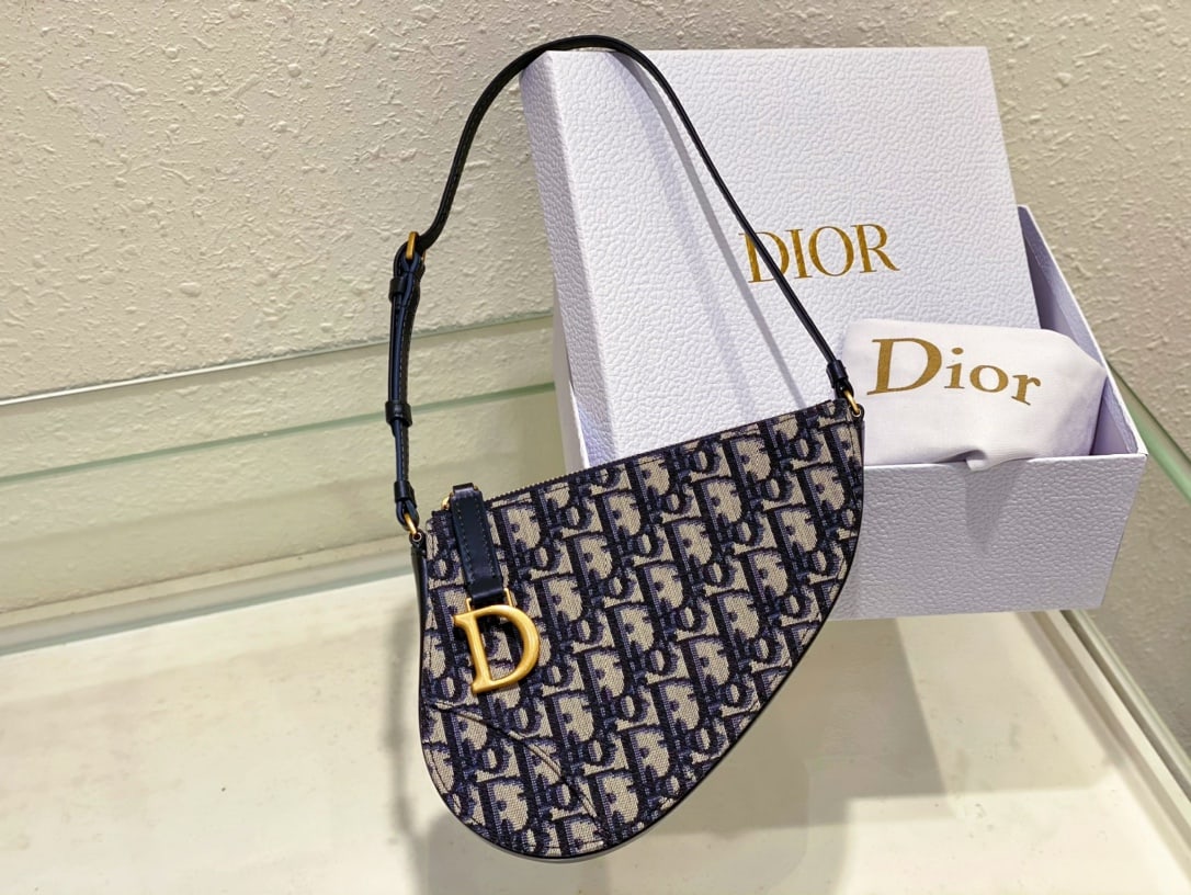 Christian Dior Saddle Bag: The Dior Saddle Bag clutch is from the 2024 Early Spring Summer collection, crafted from blue Oblique printed fabric. Its sophisticated design features a compartment with one slip pocket and three car