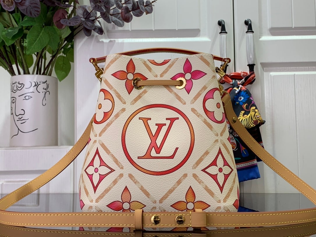 LV NEOOE BB: NEONOE BB Handbag in Fuchsia (Summer 2024). Made from Monogram Tiles coated canvas, the pastel Monogram pattern embraces the central LV Circle logo, complementing the printed fabric lining. The petite