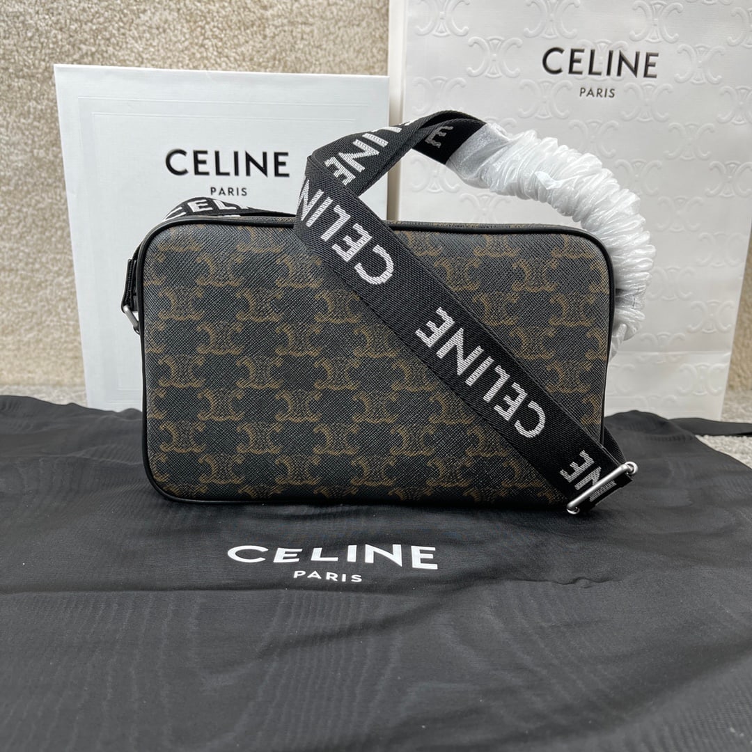 Celine logo print medium messenger bag: Medium-sized messenger bag with logo print, measuring 23 x 14.5 x 4 cm. Features include logo print, cowhide leather trim, fabric lining, crossbody and shoulder carrying options, zip closure, and an i