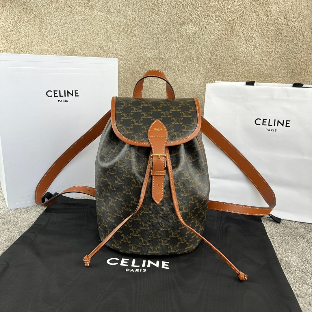 Celine Triomphe Canvas: FOLCO logo-print medium-sized cowhide leather backpack, featuring the TRIOMPHE CANVAS logo print, cowhide leather trim, fabric lining, and gold-tone finish. It has a snap closure with a decorative buc