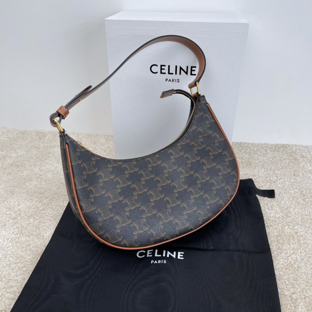 Celine AVA logo print handbag, tan: AVA logo print handbag, tan, 9 x 6 x 3 inches (23 x 14 x 7 cm), made of faux cowhide leather, fabric upholstery, shoulder or hand carry, zip closure, one interior flat pocket, adjustable leather shoul