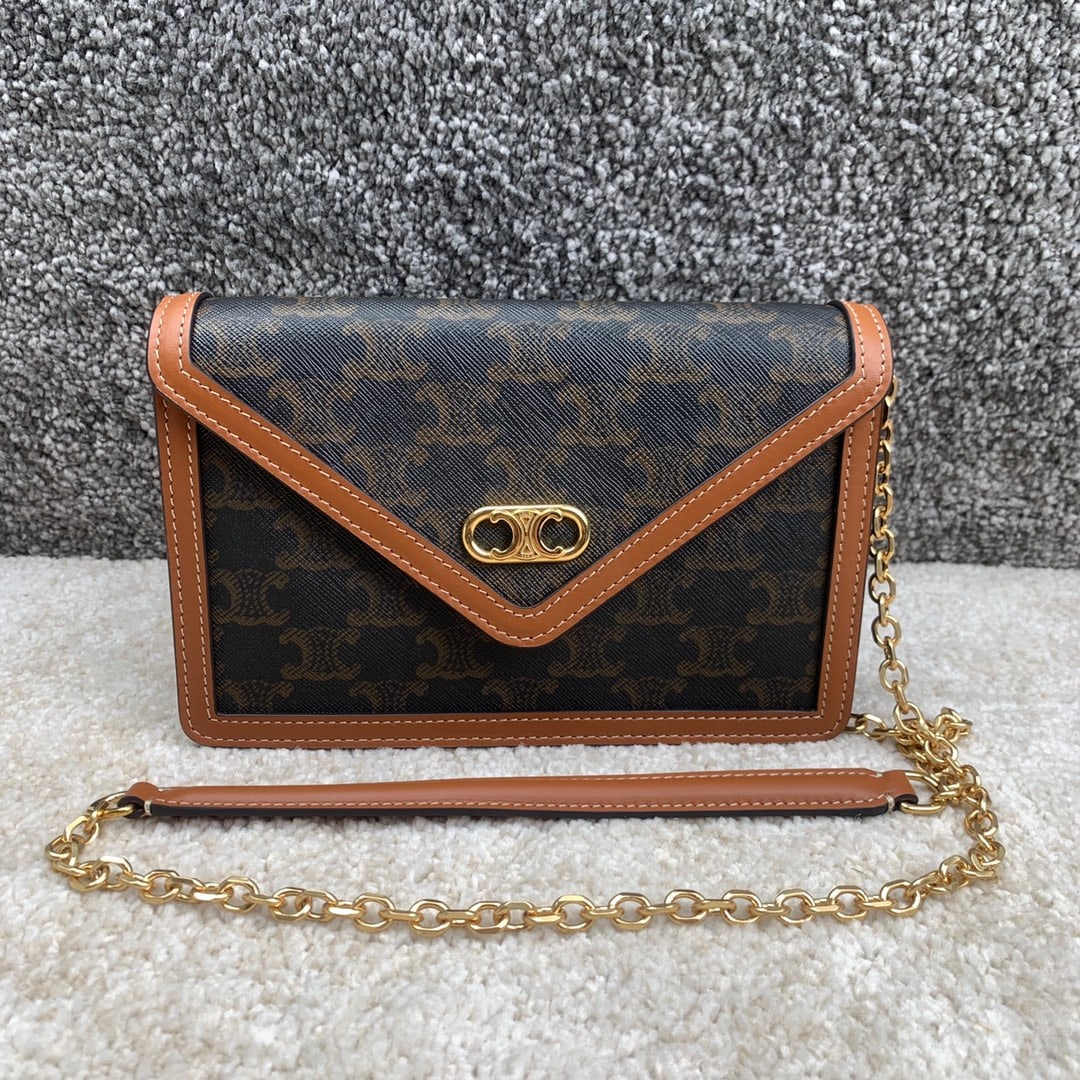 Celine Mailon Triophe: MAILLON TRIOMPHE Logo Print Lambskin Leather Chain Wallet, Black Floral, Tan, 8 x 5 x 2 inches (19.5 x 13 x 4 cm). Features the TRIOMPHE CANVAS logo print, lambskin leather fabric lining, snap closure