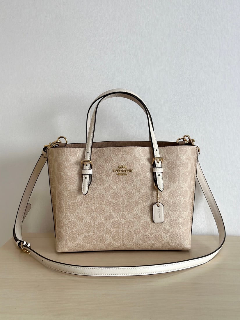 coach Mollie: The Coach Mollie 25 series tote crossbody bag is made of PVC monogram canvas paired with top-grain cowhide leather, making it sturdy, durable, and scratch-resistant. It's small and cute, with just the