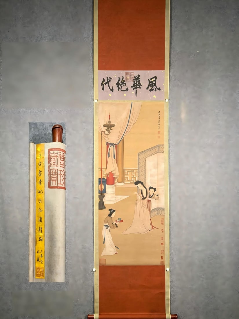 Tang Yin's exquisite silk painting, "The Imperial Concubine Bathing," hanging scroll. (1 of 9)