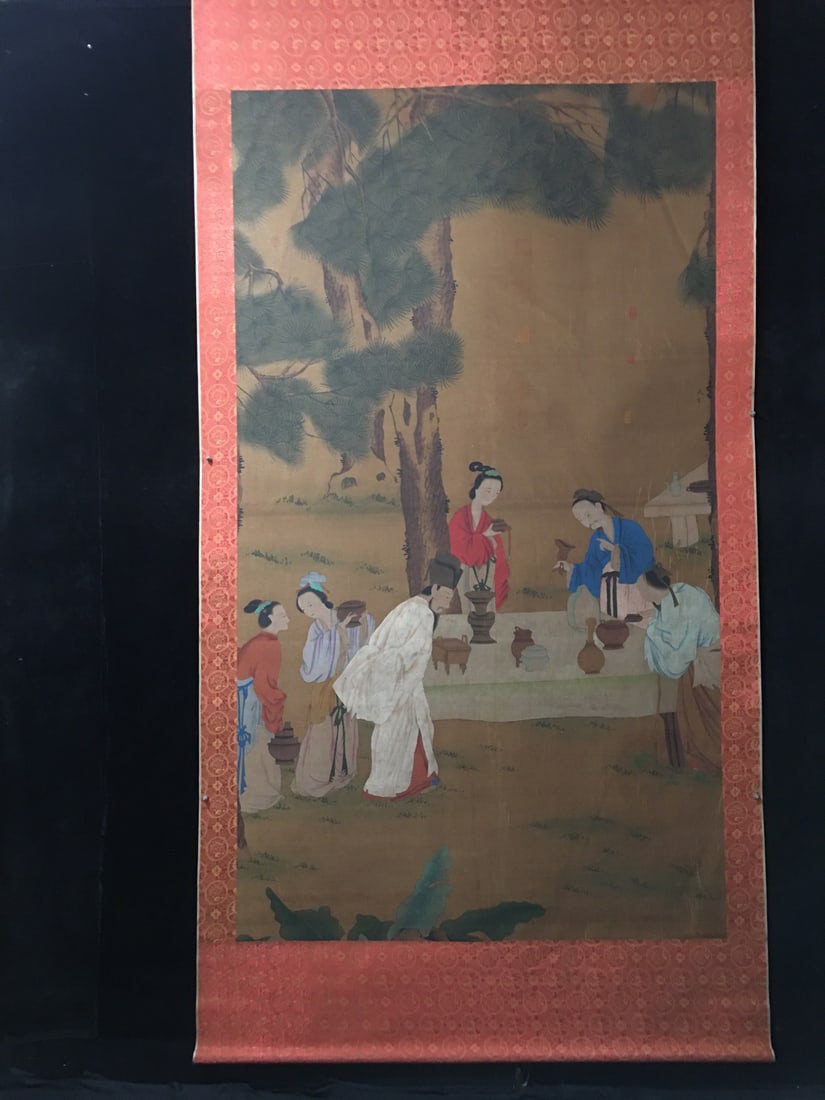 Mi Fu's Paintings of Drinking and Playing: A fine 12-foot-long silk hanging scroll painting, depicting Mi Fu's drinking and merrymaking scene. A purely hand-painted work, each piece is a unique photograph. Mounted dimensions: Height x Width: 3