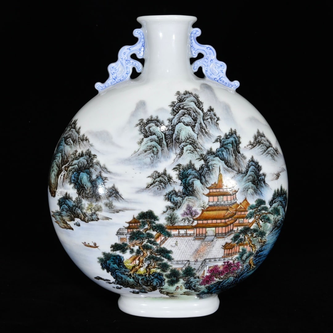 A flat vase with double handles decorated with landscape, pavilion, and tower designs by enamel: 31cm x 26cm x 13cm Provenance:From an old private collection in Cotswold, United Kingdom.? Our cooperative logistics services provider expertly handles both domestic and global shipping arrangements.W