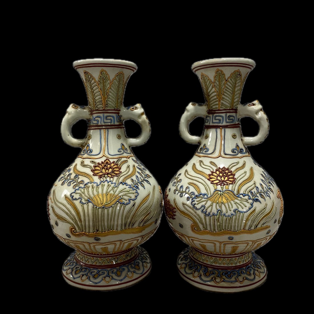 Yuan Dynasty Powdered Mandarin Duck and Lotus Pond Pattern Elephant Ear Vase (1 of 9)