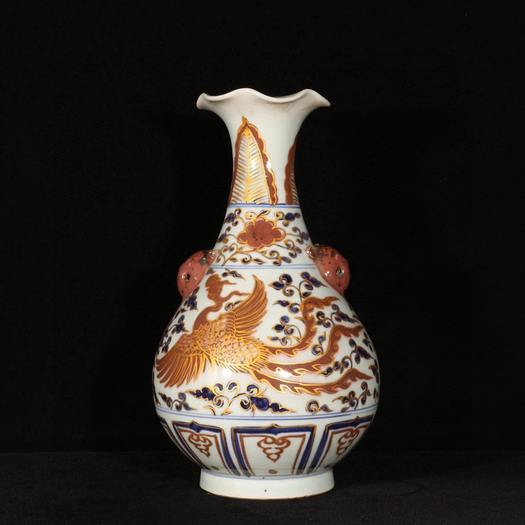 Yuan Dynasty Blue and White Porcelain Vase with Gilded Phoenix Design and Animal-Shaped Handles (1 of 9)