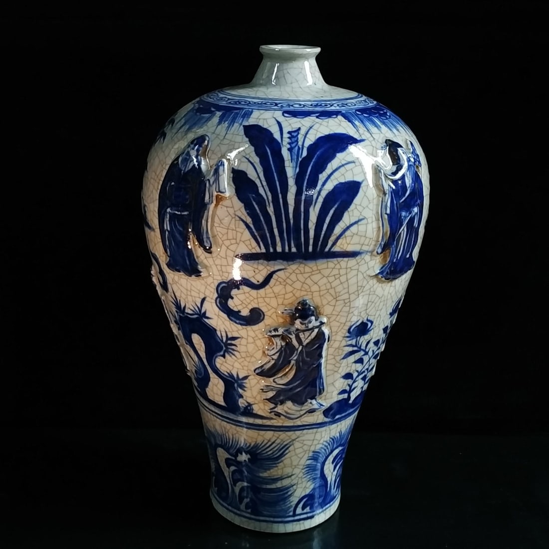 Yuan Dynasty Blue and White Hand-carved Relief Figure Eight Immortals Plum Vase (1 of 7)