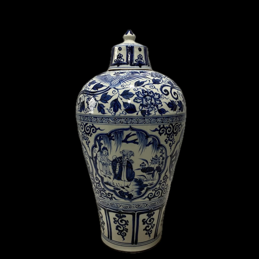 Yuan Dynasty Blue and White Porcelain Plum Vase with Four Loves Figures: Height 44 cm, Diameter 24 cm Provenance:A notable private collector in Kensington, London, United Kingdom. Our cooperative logistics services provider expertly handles both domestic and global shippin