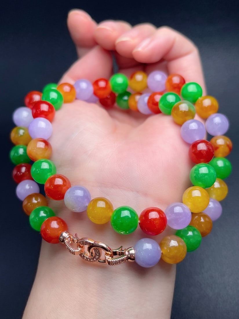 Jadeite Necklace with Glutinous Icy Texture, Red Jadeite, Yellow Jadeite, and Multicolored Colors (1 of 9)