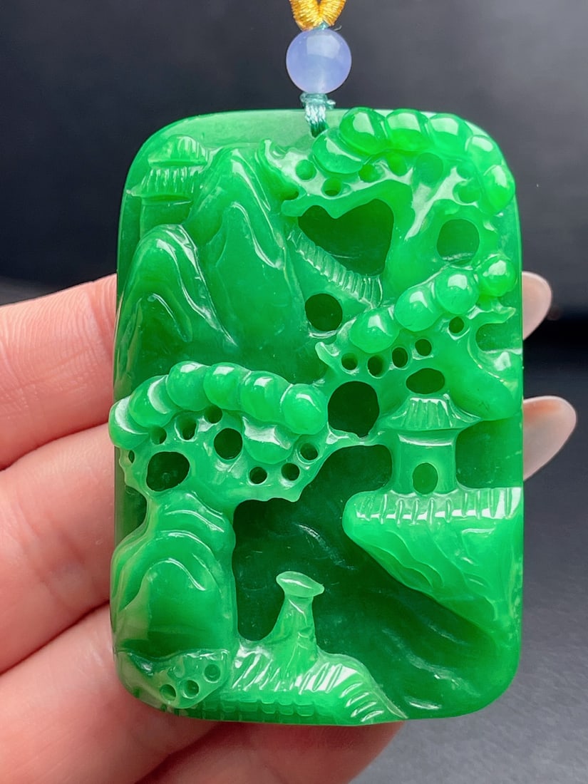 Jadeite of glutinous type, full green, landscape plaque (1 of 9)