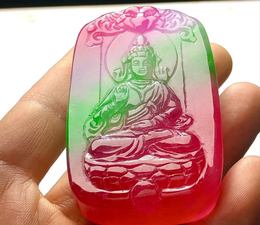 High-Ice, High-Fluorescence, Multicolored Jade Guanyin Pendant (1 of 9)